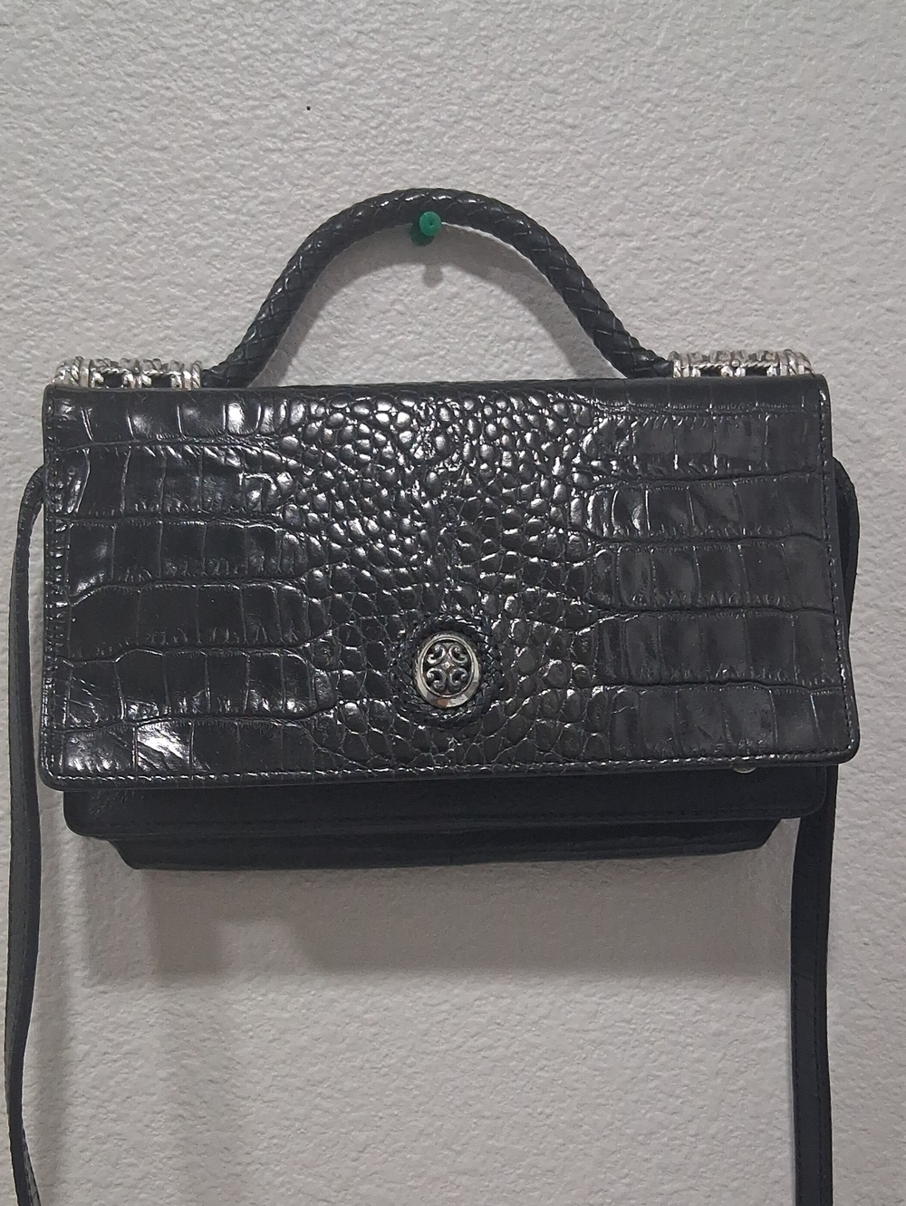 Brighton Black Croc-Embossed Leather Crossbody with Top Handle